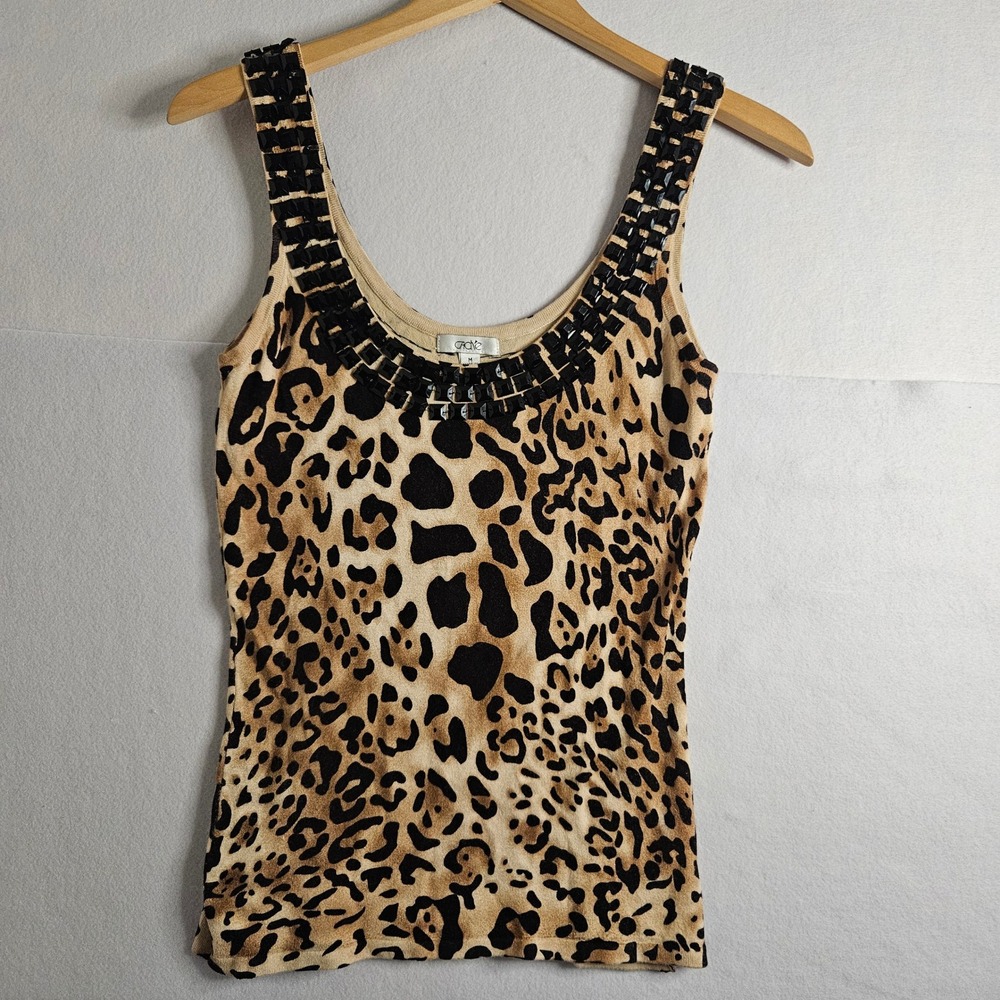 Vintage Y2K Cache Leopard Print Beaded Tank Top Black Animal Scoop Neck Medium